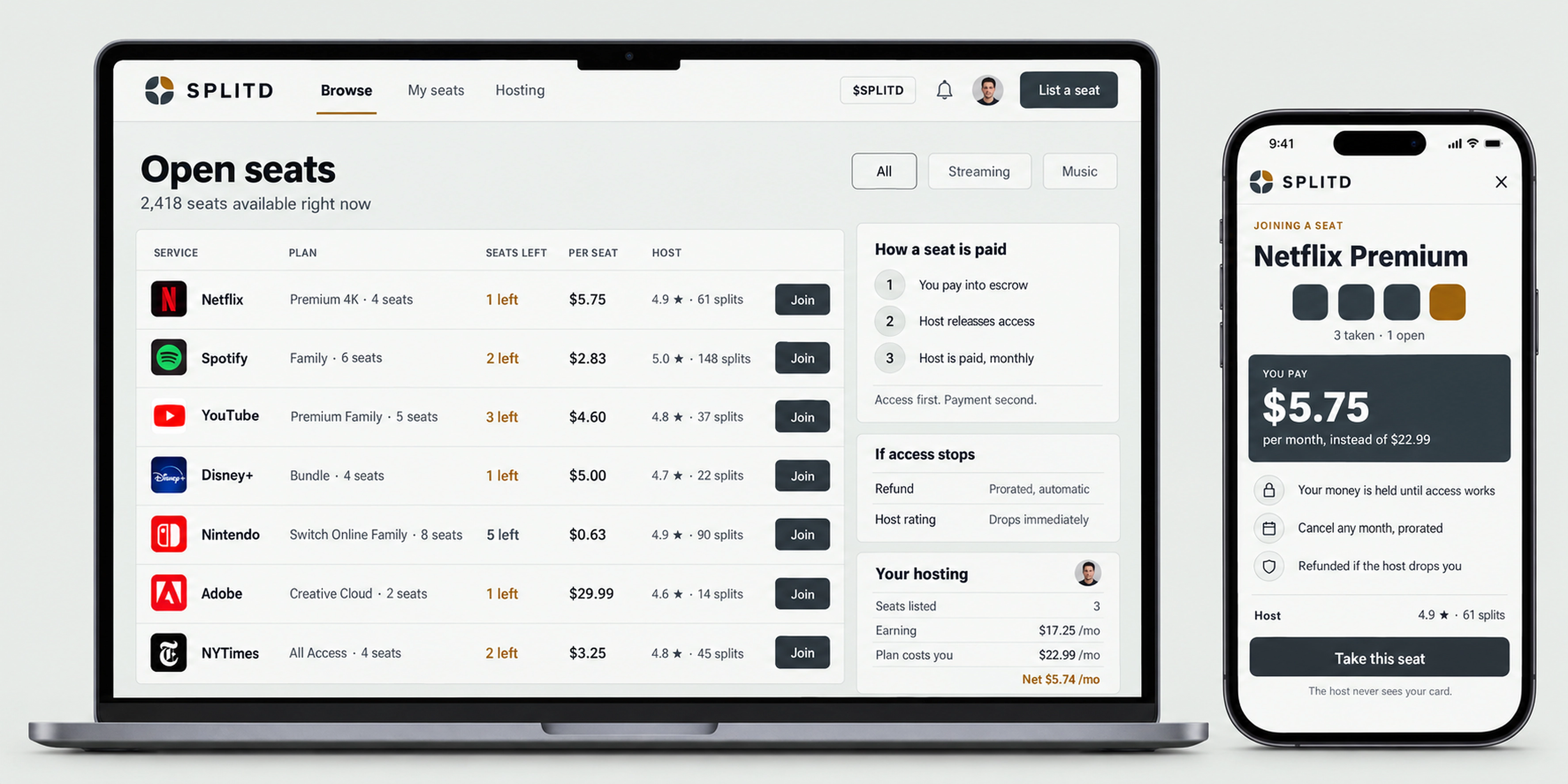 The Splitd marketplace board on a laptop listing open subscription seats with per-seat prices, and the join flow on a phone